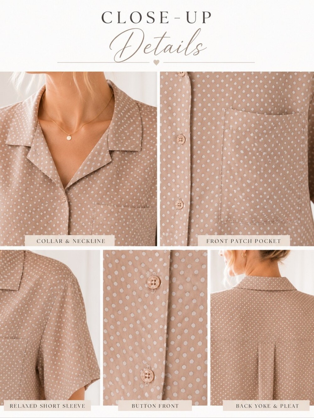 Jones New York Polka Dot Button Front Blouse Tan White Short Sleeve Size 12 - Picture 5 of 11